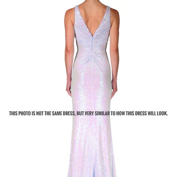 Badgley Mischka blue sequin sleeveless high neck low V open back long gown dress - Picture 3 of 16